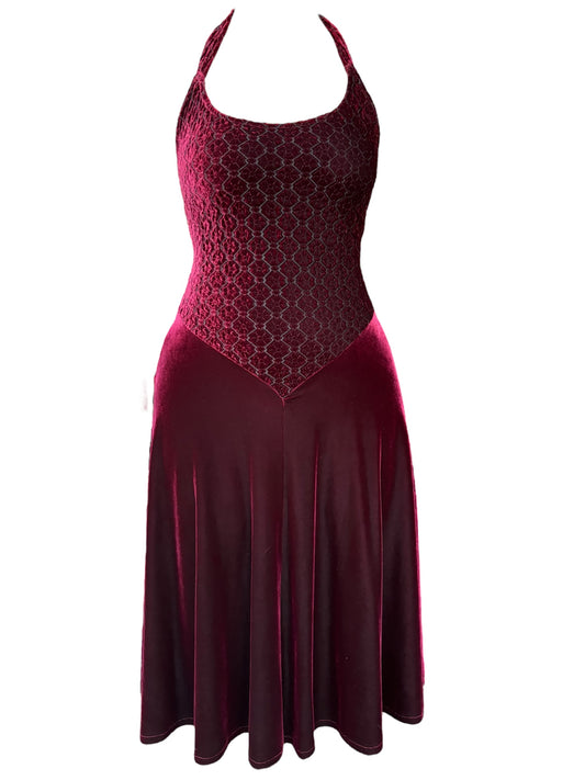 Vintage Maroon Velvet Halter Neck Renaissance Style Dress - M