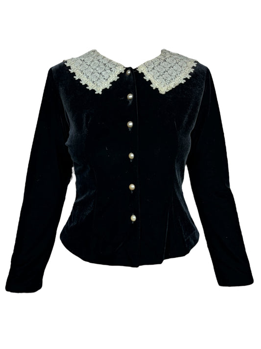 Vintage Black Velvet + Lace Collar Button Up Blouse - L