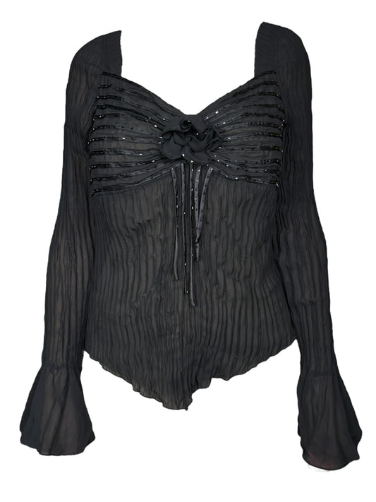 Vintage Black Sequin Pleated Blouse - L/XL