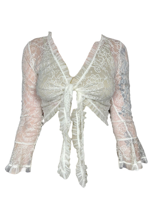 Vintage White Lace Tie-Front Ruffle Shrug - M