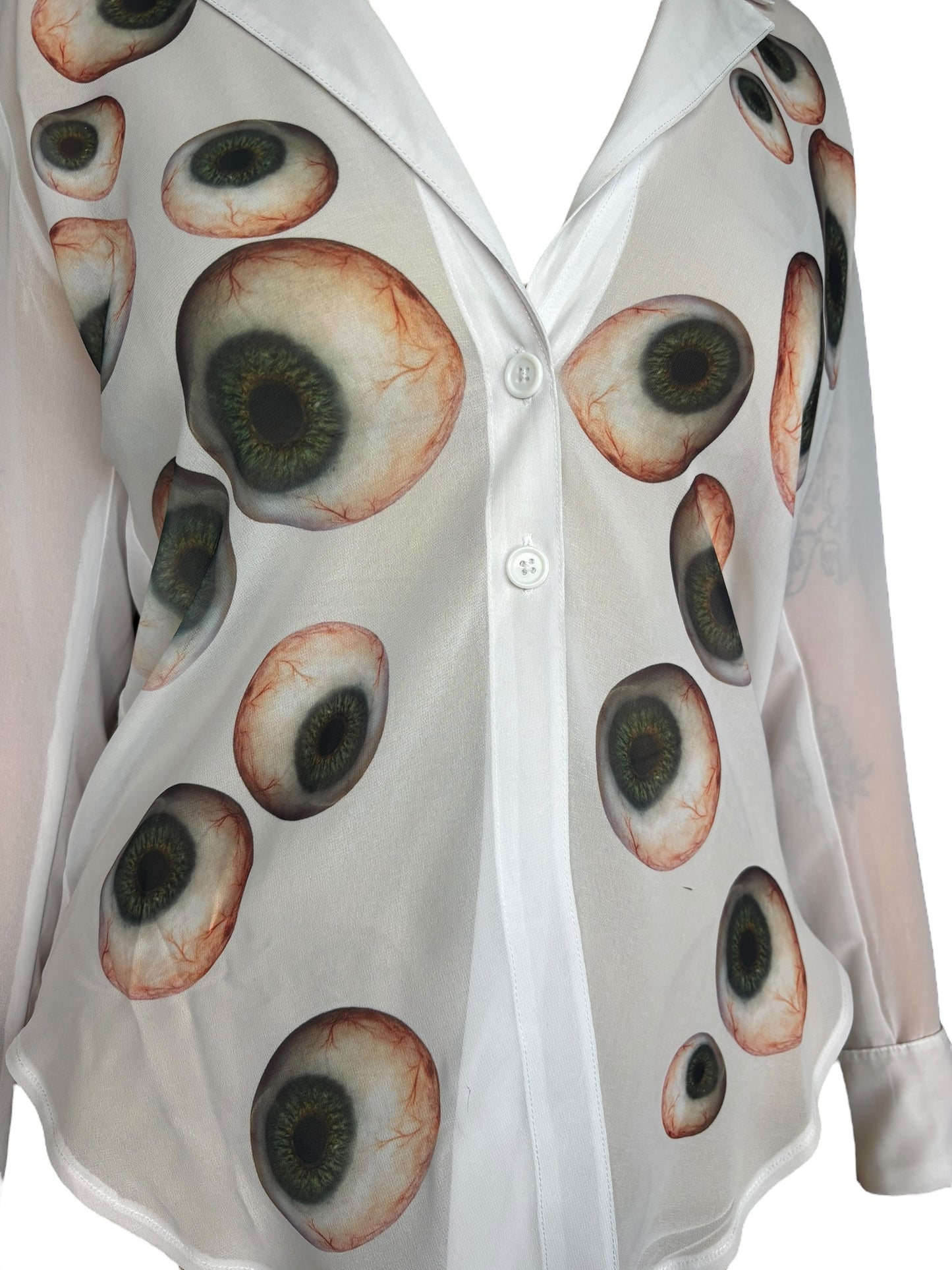 Eyeball Button Up Long Sleeve White Top - XL