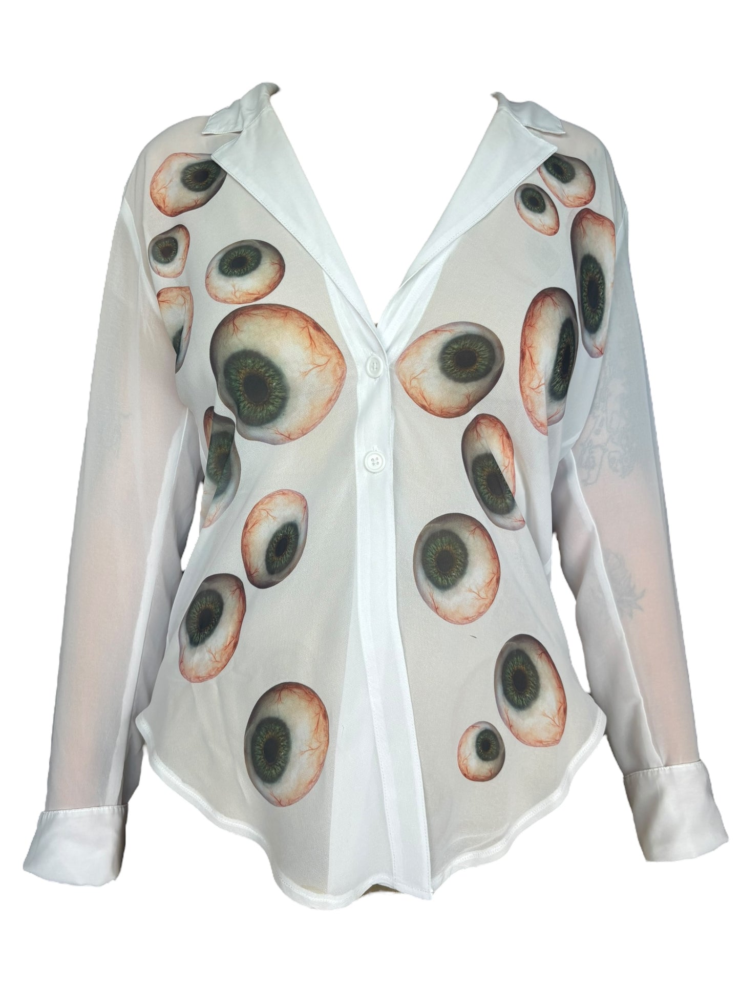 Eyeball Button Up Long Sleeve White Top - XL