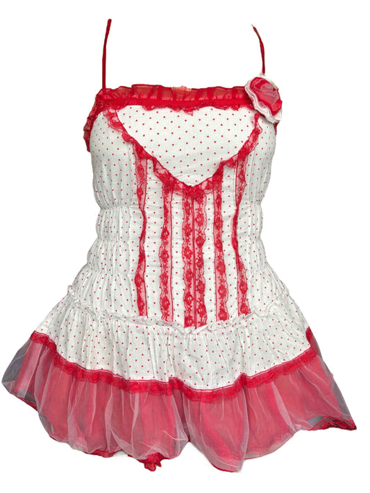 Vintage White/Red Hearts and Lace Coquette Ruffle Top - S/M