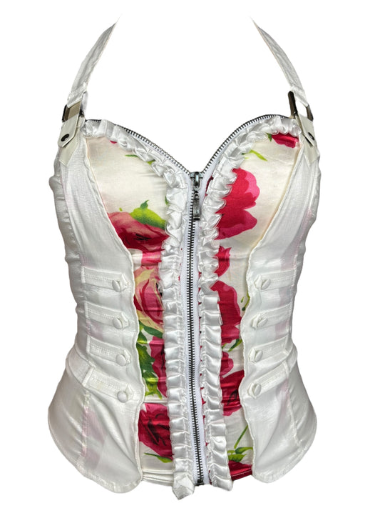 Vintage White/Floral Ruffle Halter Corset Top - XS/S