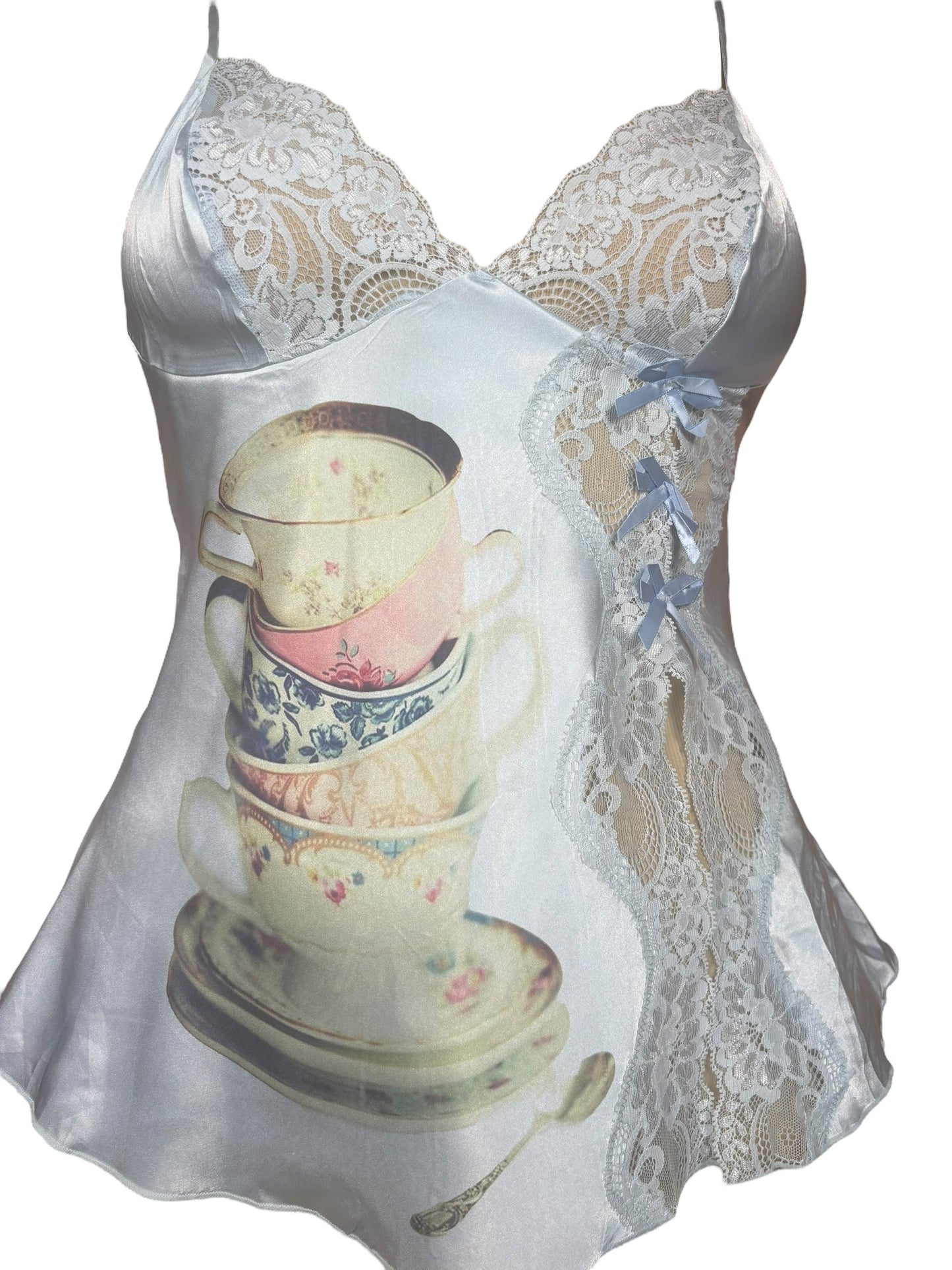 Bows With My Teacup Blue Lace Tank - S/M