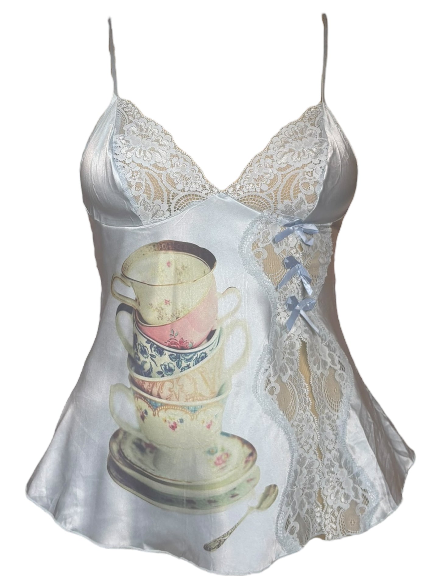 Bows With My Teacup Blue Lace Tank - S/M