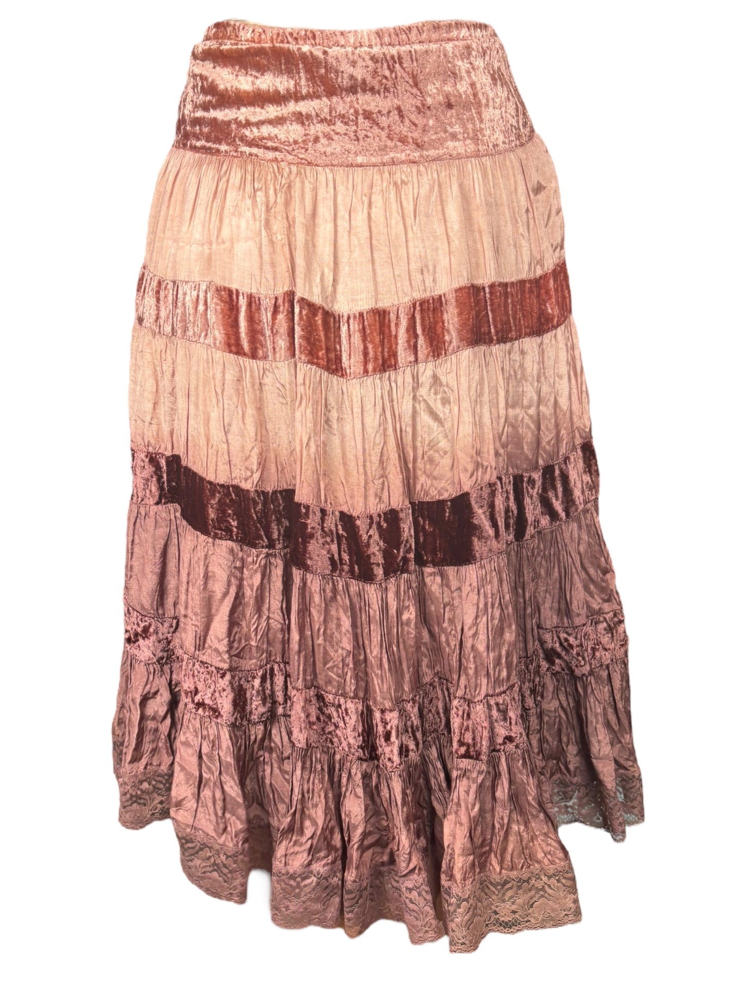 Vintage Brown Tiered Skirt w/Lace - M