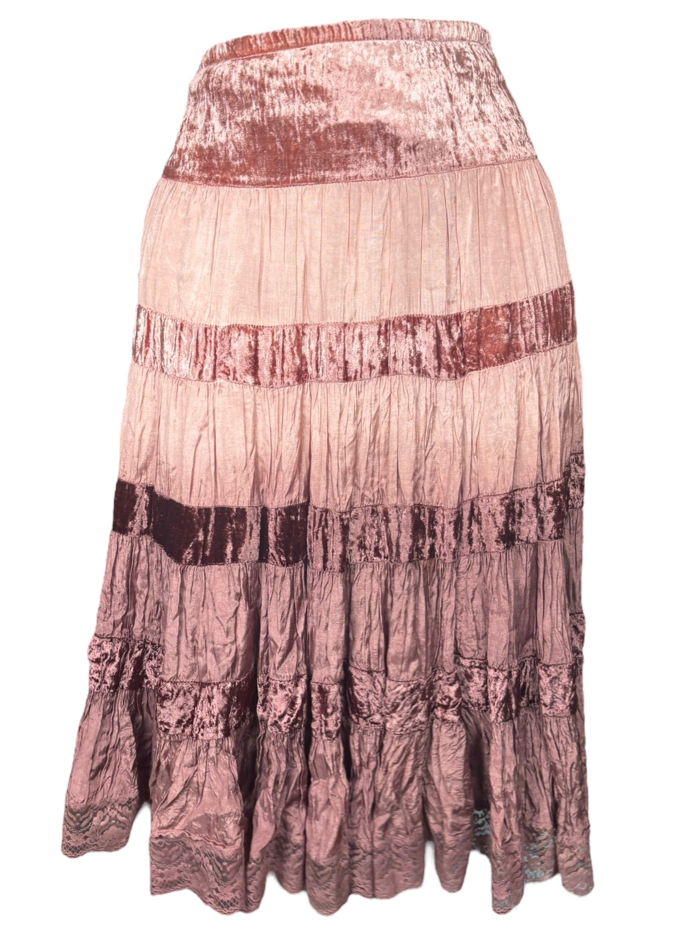 Vintage Brown Tiered Skirt w/Lace - M