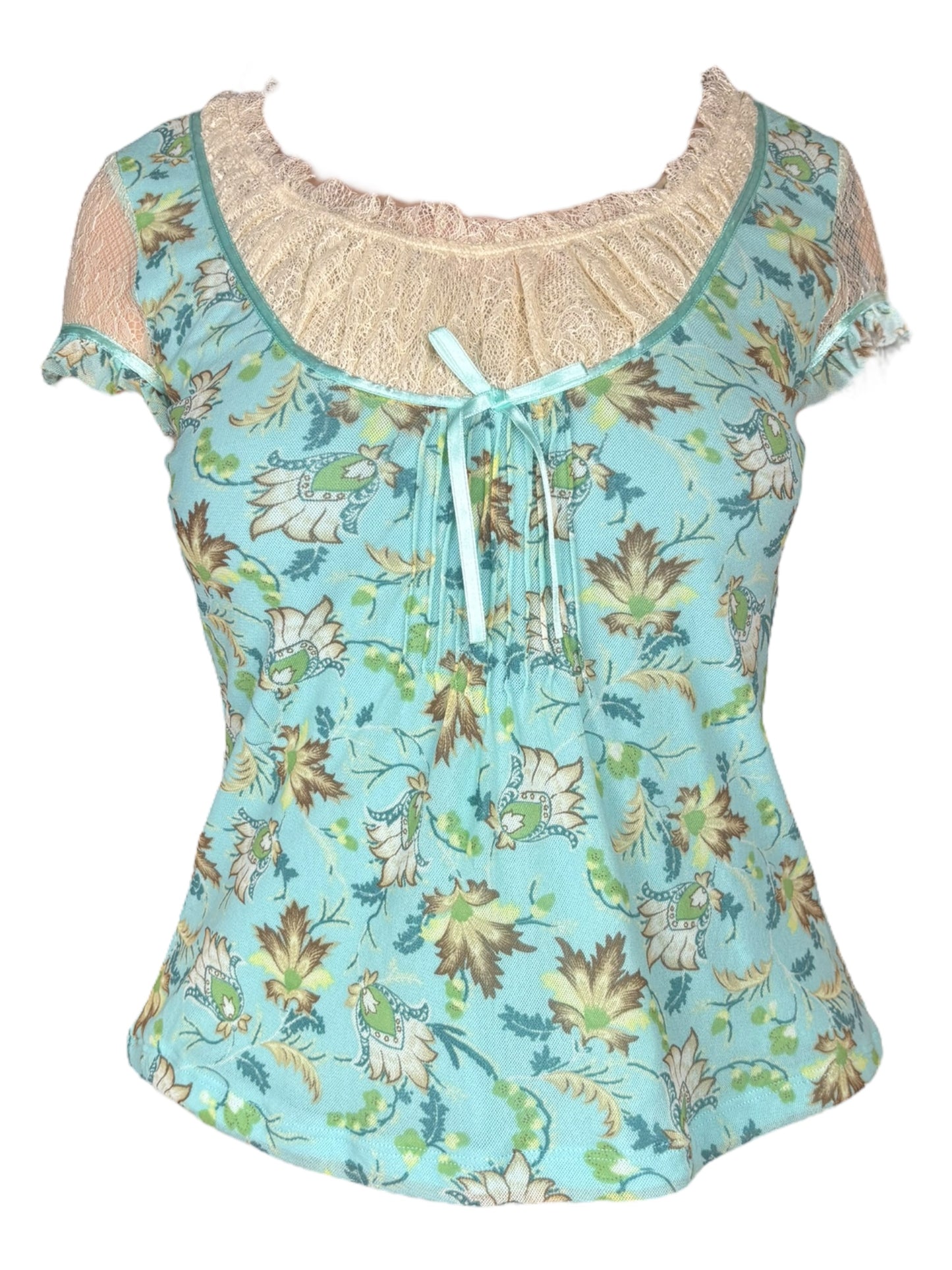 Vintage Baby Blue Print Short Sleeve Top - L