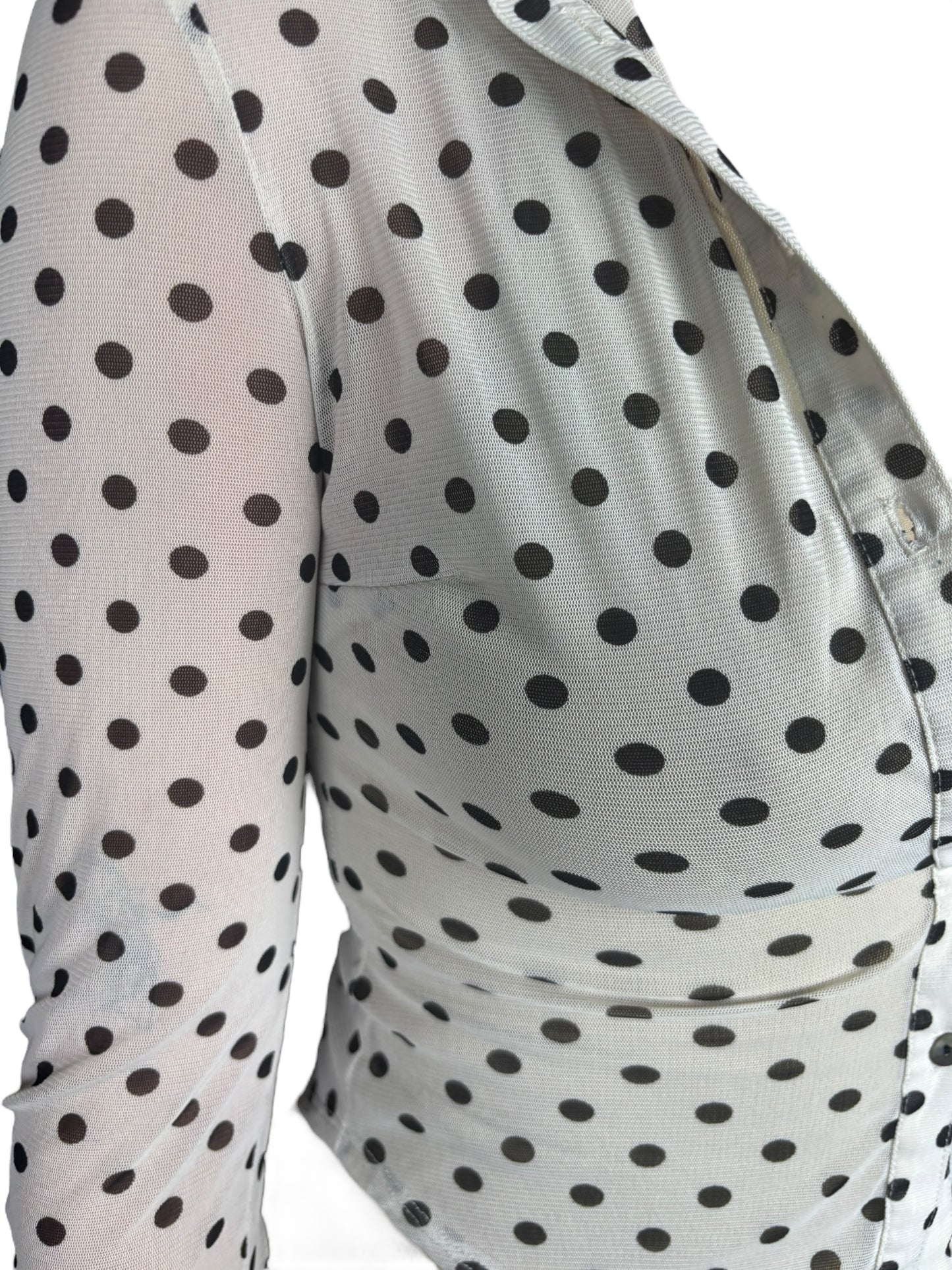 Vintage White With Black Polka Dot Button Up Long Sleeve Top - XS