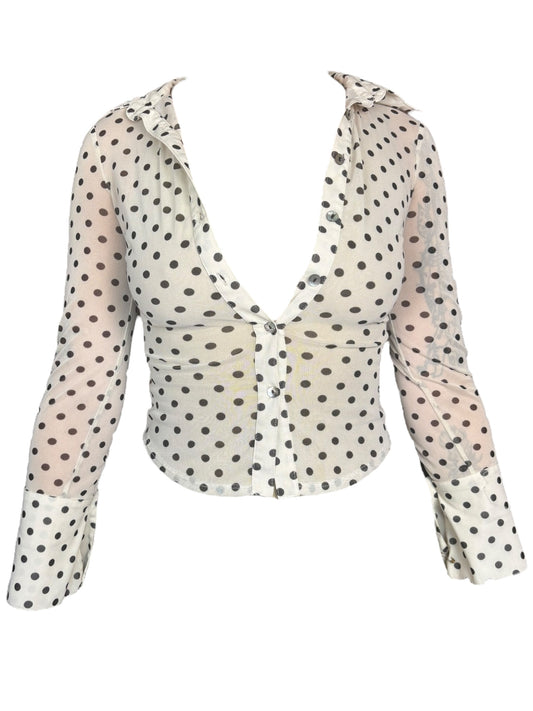 Vintage White With Black Polka Dot Button Up Long Sleeve Top - XS