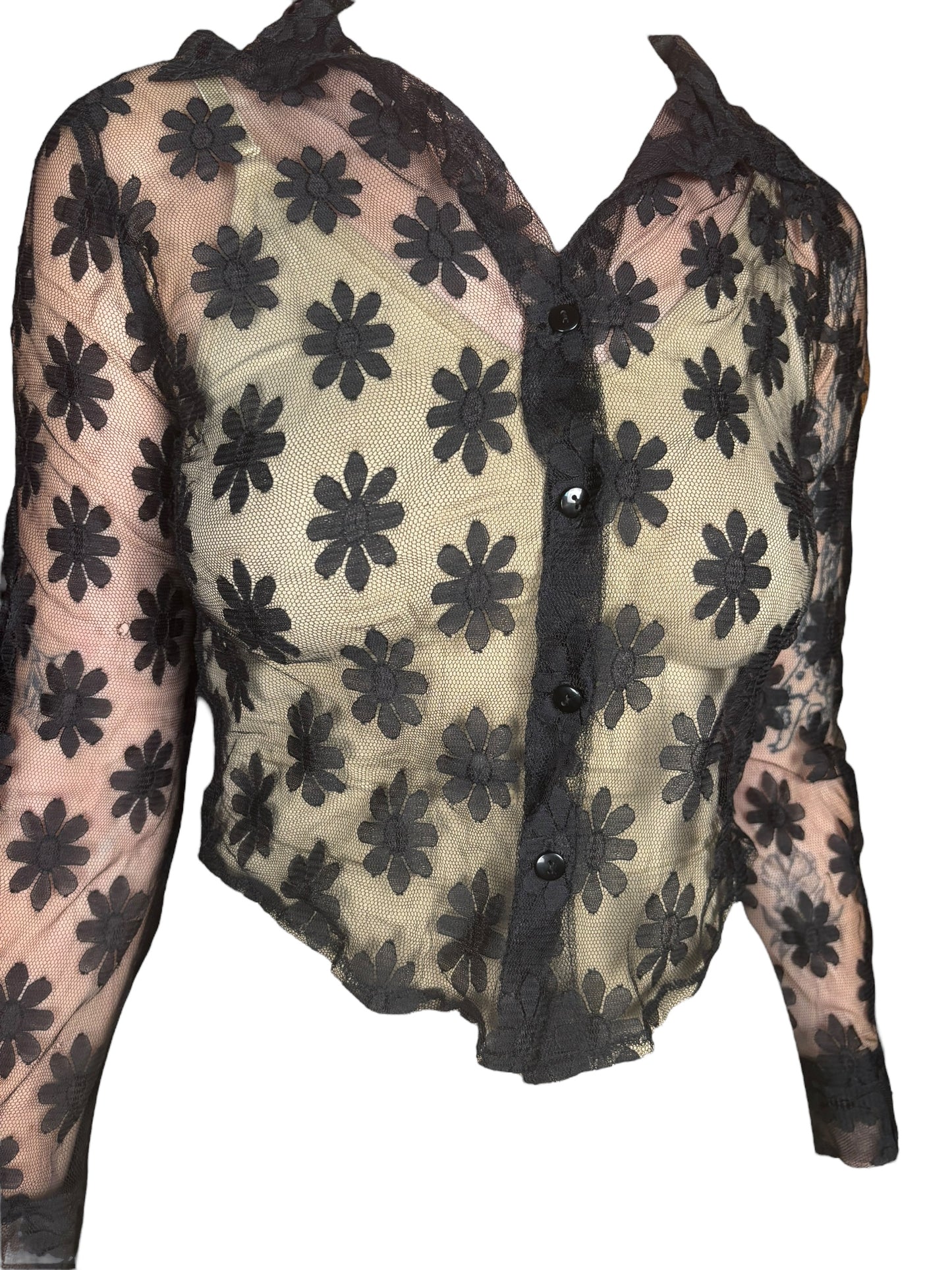 Vintage Floral Sheer Black Long Sleeve Top - M