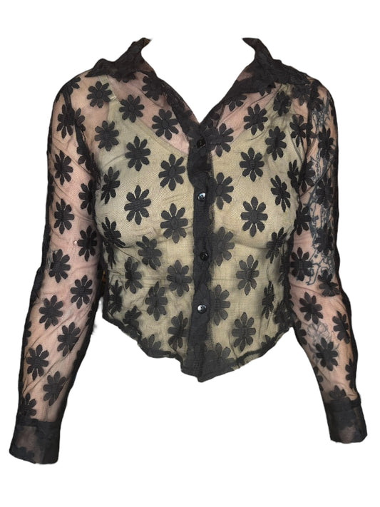 Vintage Floral Sheer Black Long Sleeve Top - M