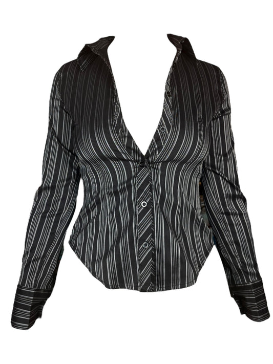 Vintage Striped Black And Silver Button Up Long Sleeve Top - M