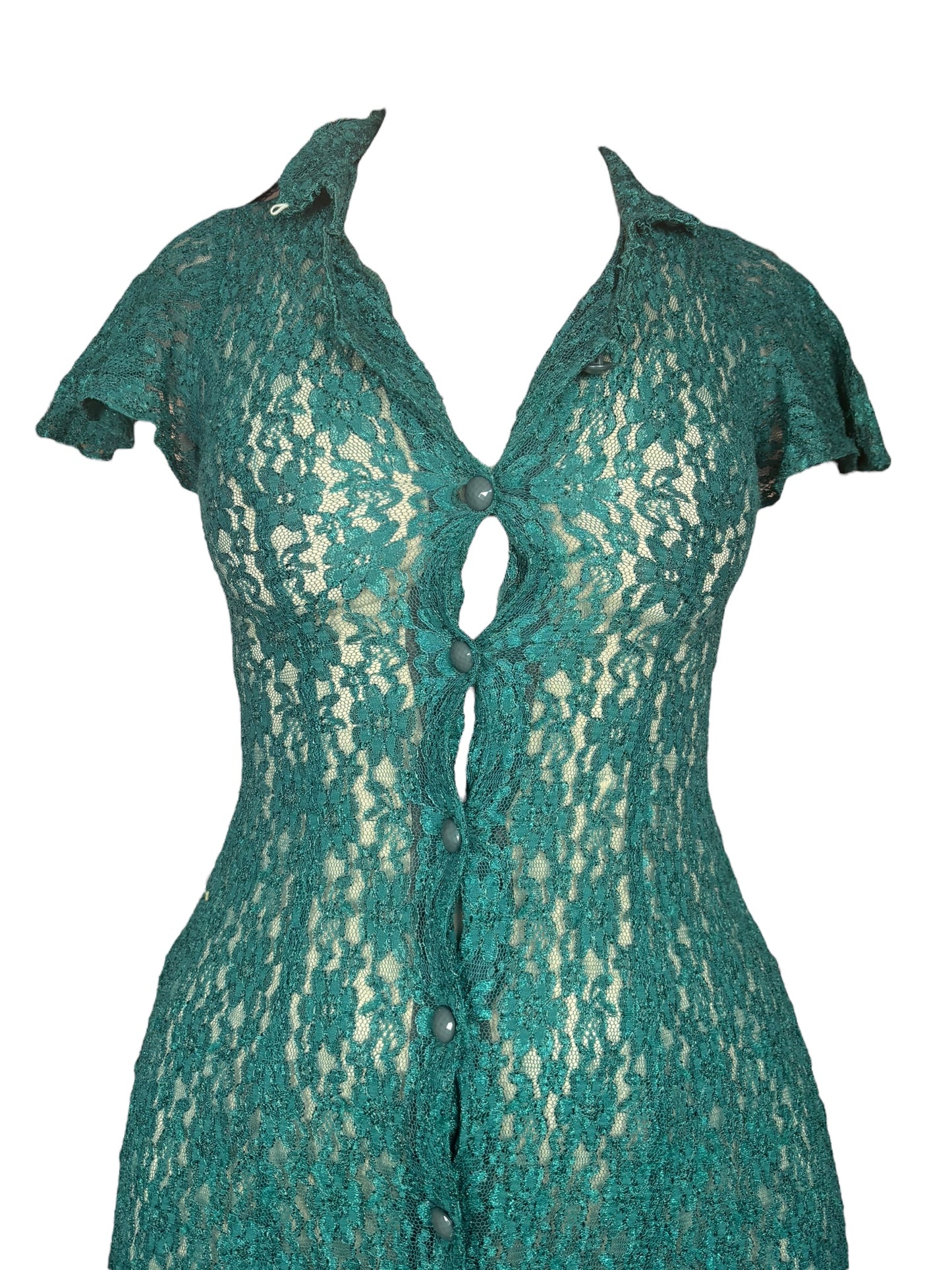 Vintage Green Lace Button Up Dress - S