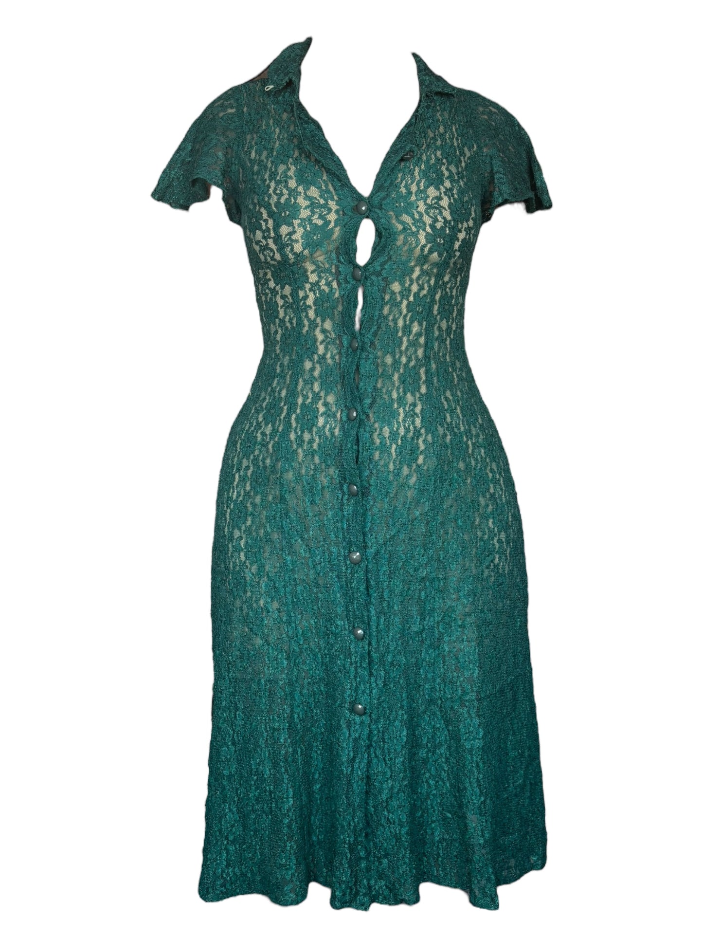 Vintage Green Lace Button Up Dress - S