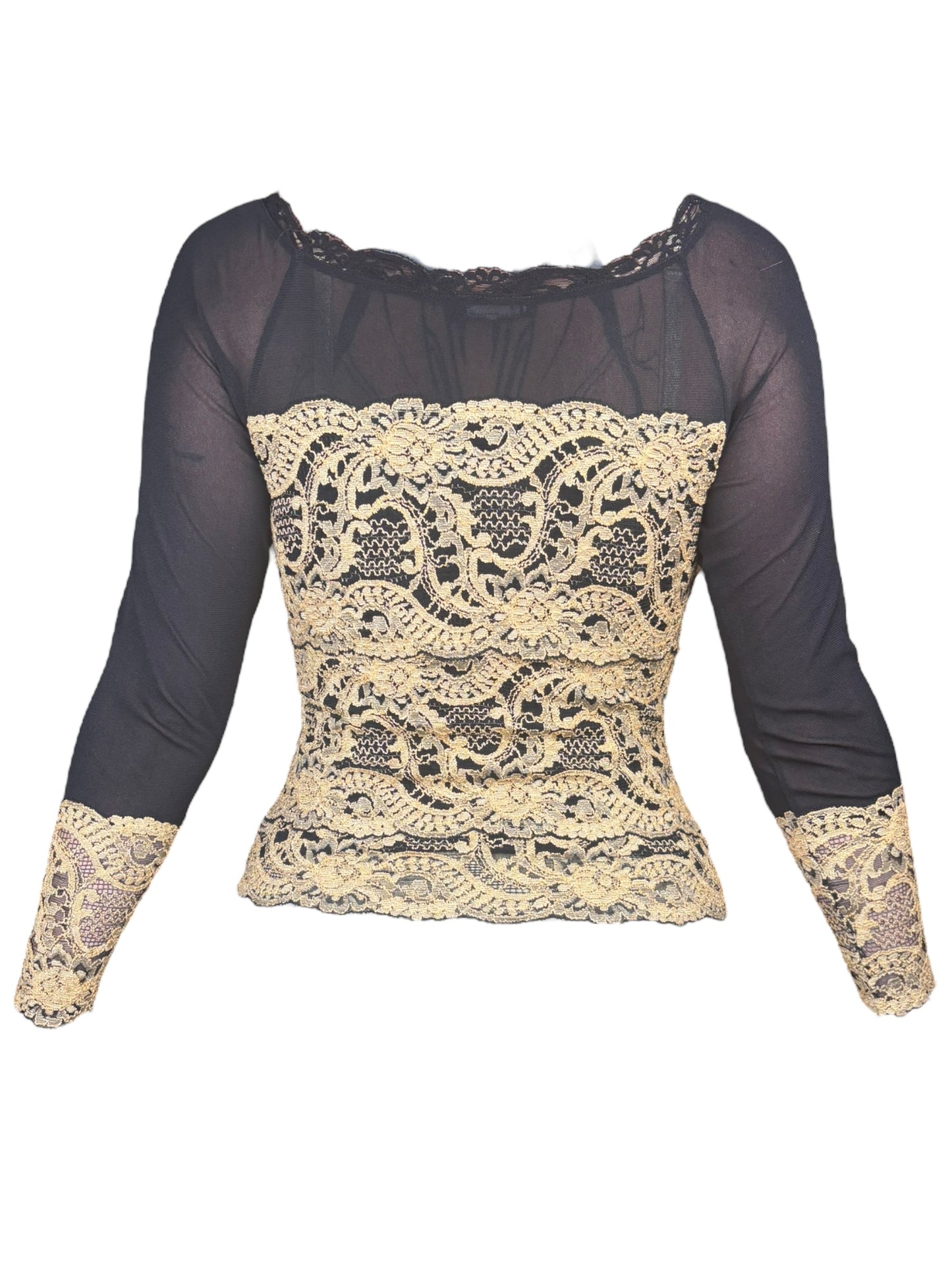 Vintage Mesh Lace Black Long Sleeve - S