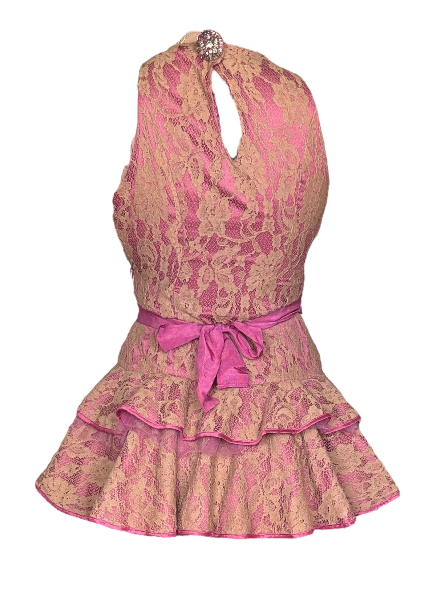 Vintage Tan/Pink Lace Floral Ruffle Dress - XS/S