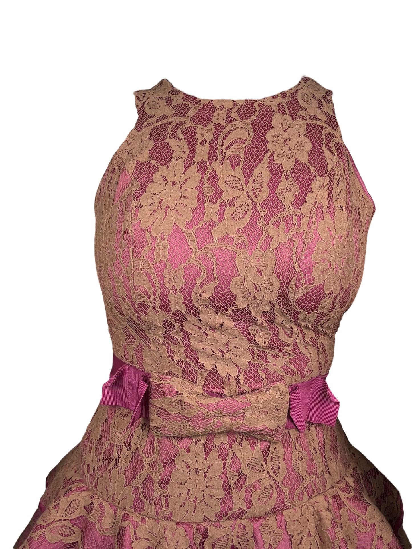 Vintage Tan/Pink Lace Floral Ruffle Dress - XS/S