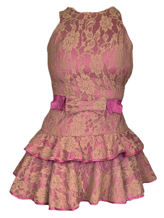 Vintage Tan/Pink Lace Floral Ruffle Dress - XS/S