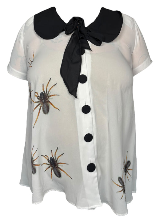 Spiders Crawling White Blouse with Black Bow - L