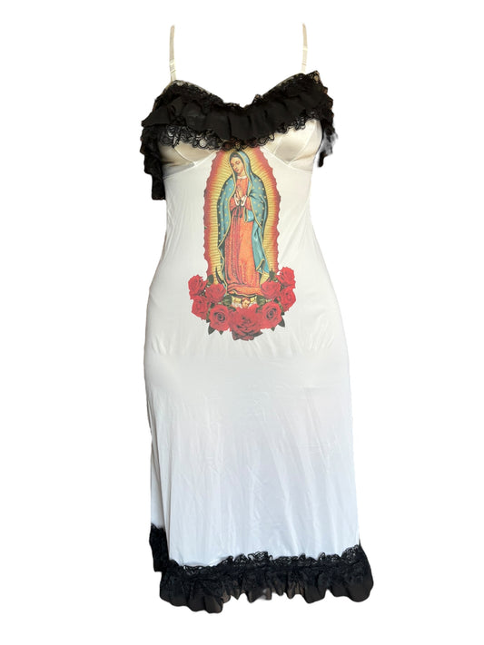 Virgen de Guadalupe White + Black Ruffle Dress - L