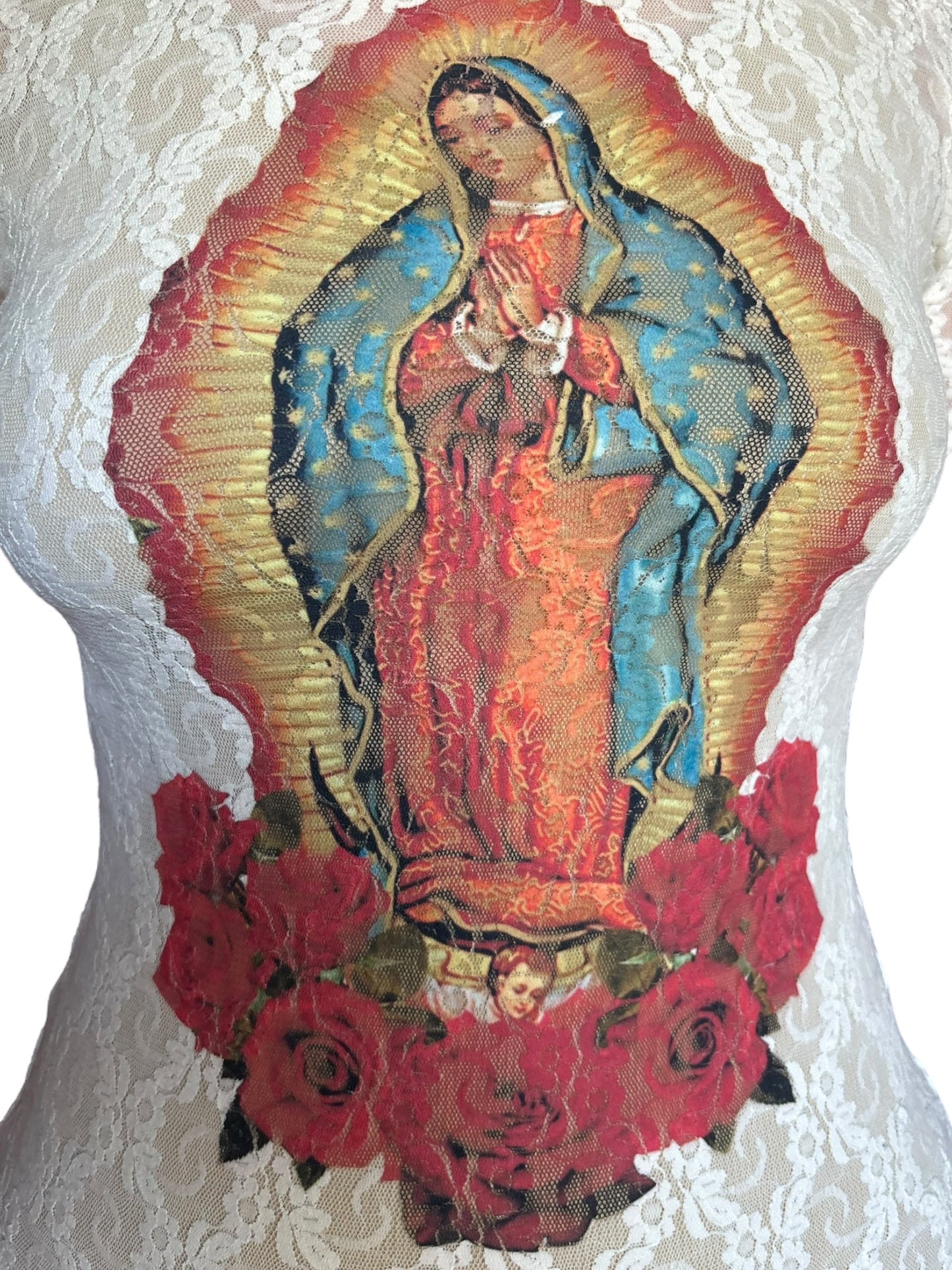 Virgen De Guadalupe White Lace Tee - L/XL