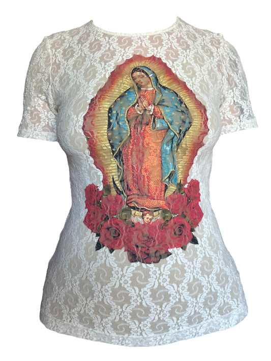 Virgen De Guadalupe White Lace Tee - L/XL