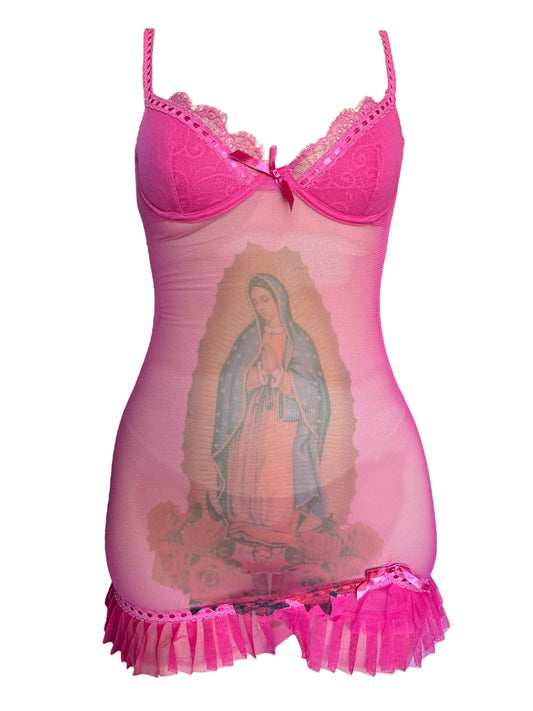 Virgen de Guadalupe Pink Babydoll Mini Dress - S