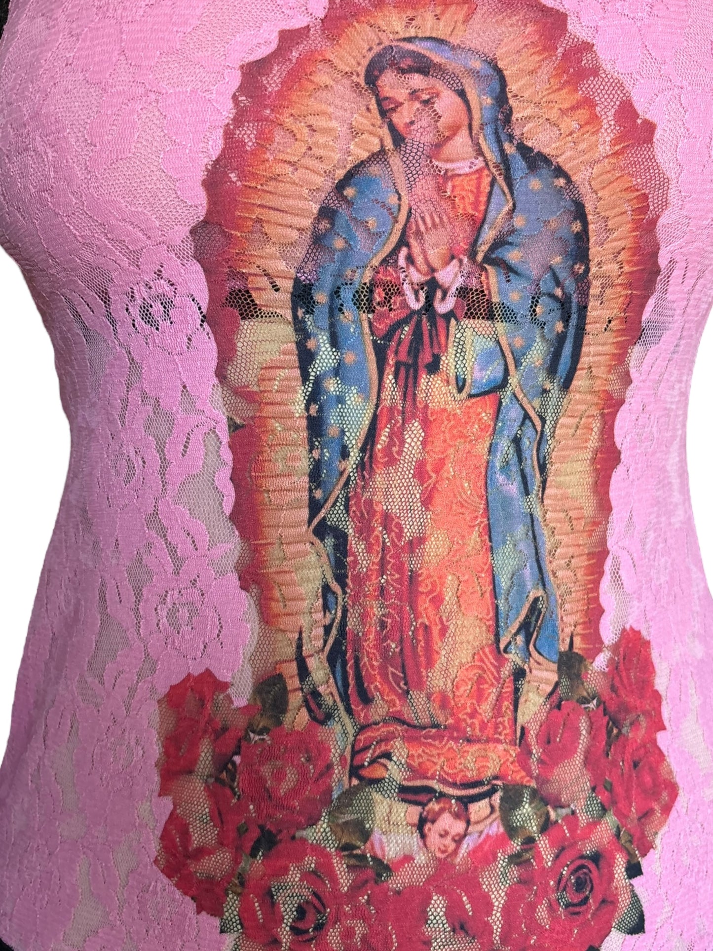 Virgen De Guadalupe Pink + Black Lace Tank - M