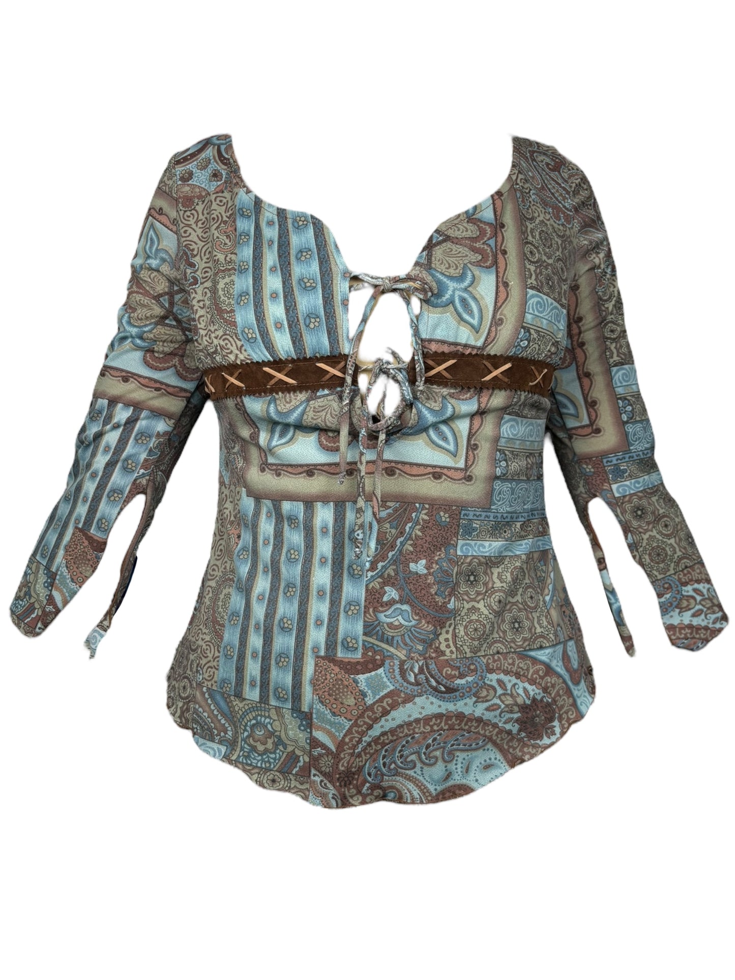 Vintage Blue and Brown Peasant Top - XS