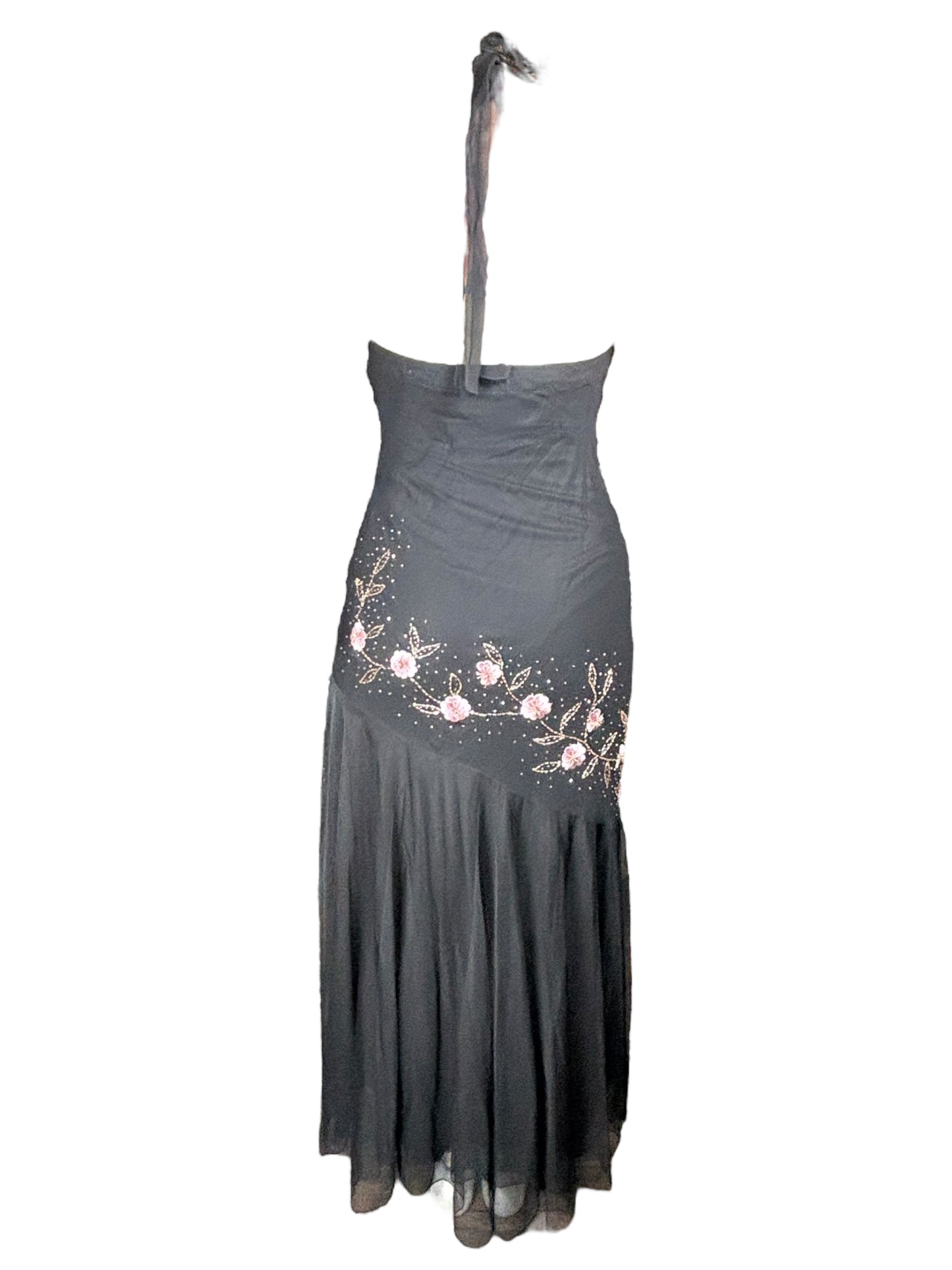 Vintage Black Beaded Floral Formal Dress - M/L