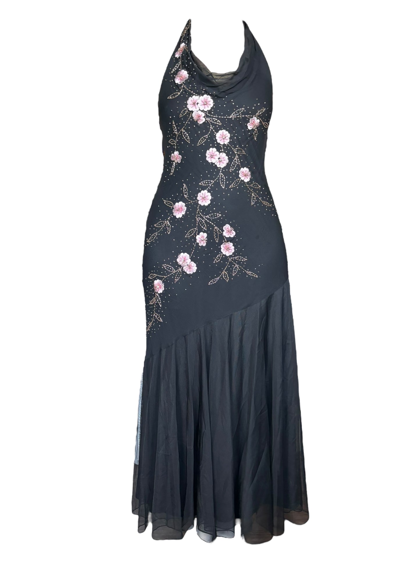 Vintage Black Beaded Floral Formal Dress - M/L