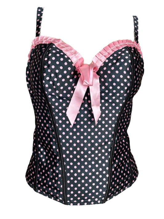 Vintage Black / Pink Polka Dot Babydoll Corset Top - L